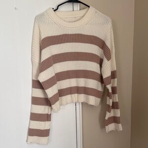 Striped Cream and Brown Women's Thick Sweater size M